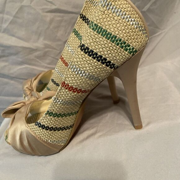 Lela Rose Mutli-color‎ Fabric Tan Bow Stiletto’s Size 8.5 - Picture 7 of 11